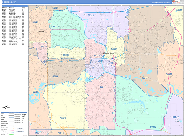 Des Moines City Wall Map Color Cast Style
